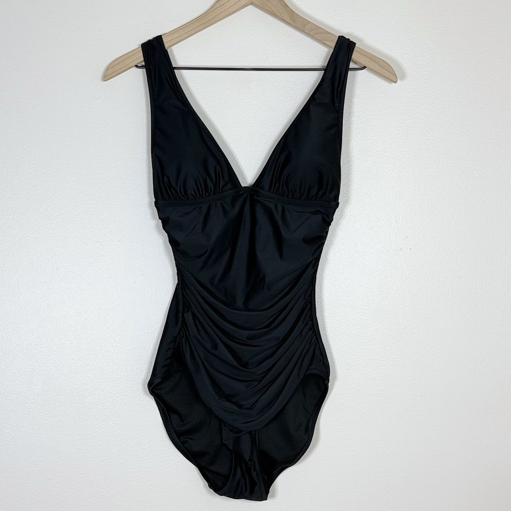 J.Crew Womens One Piece Swimsuit Size 4 Black Plunge Ruched Classic Swim Resort